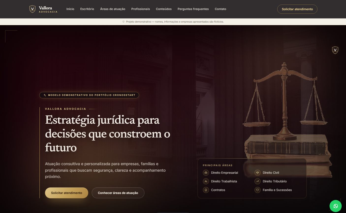 Captura de tela real da demonstração Vallora Advocacia