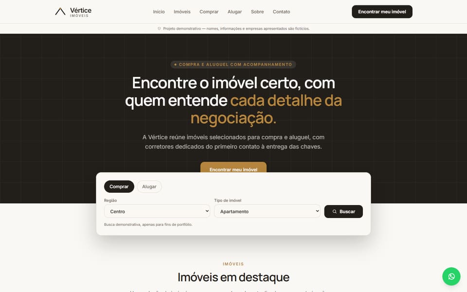 Captura de tela real da demonstração Vértice Imóveis