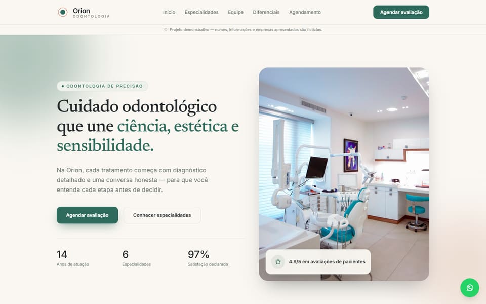 Captura de tela real da demonstração Orion Odontologia