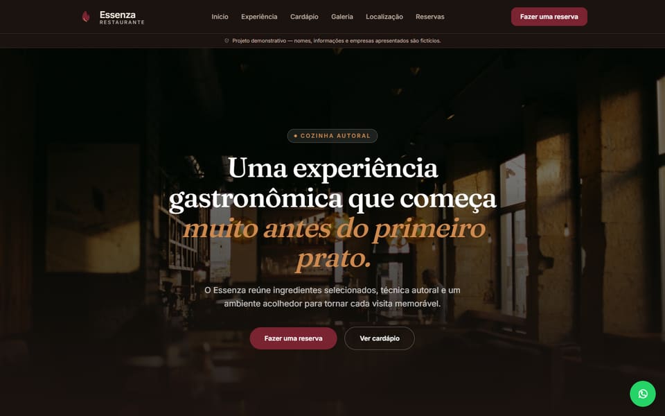 Captura de tela real da demonstração Essenza Restaurante