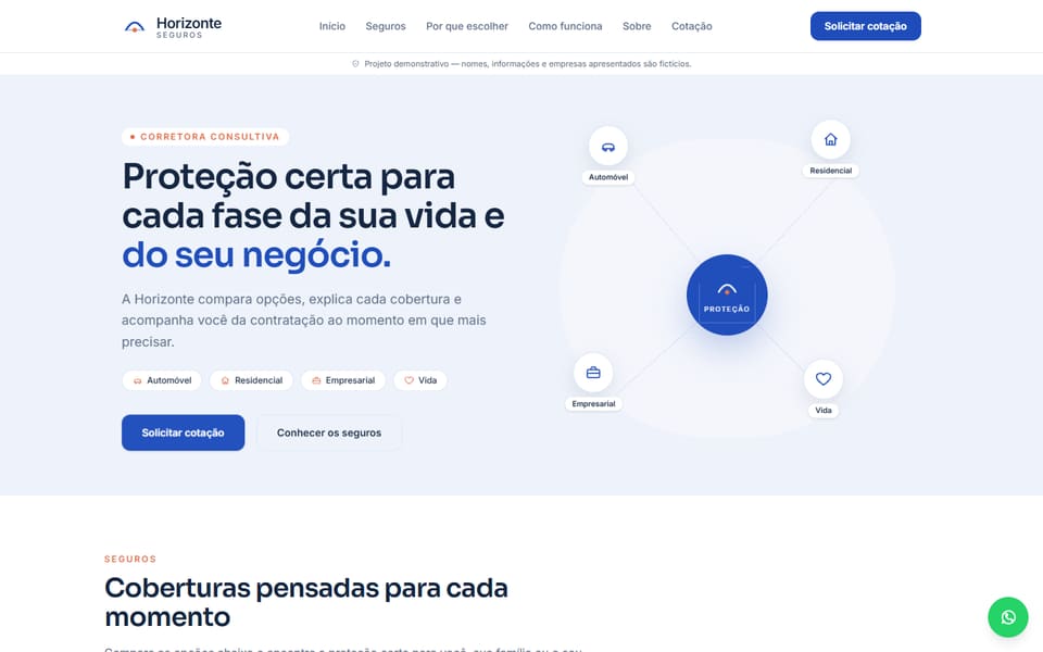 Captura de tela real da demonstração Horizonte Seguros